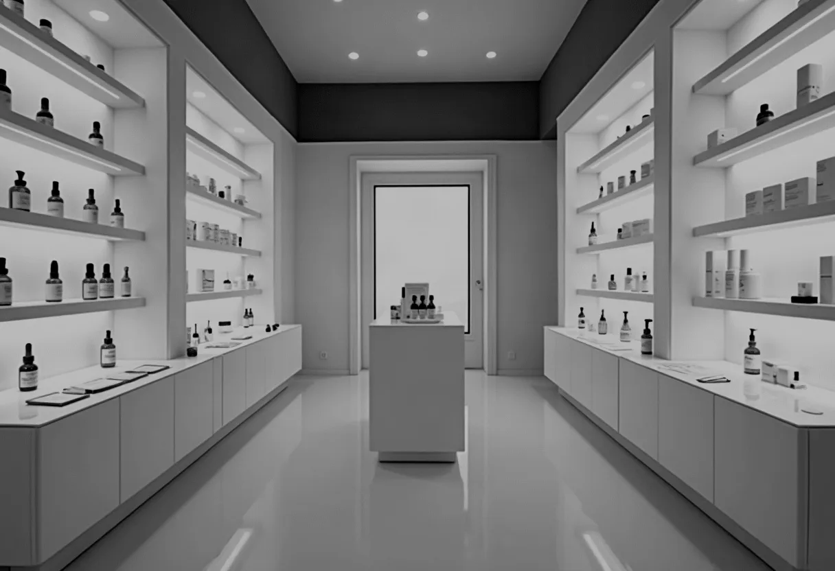 Illustrative photo: a skincare store with lit shelves of serum bottles on both sides and a counter in the center, in black and white